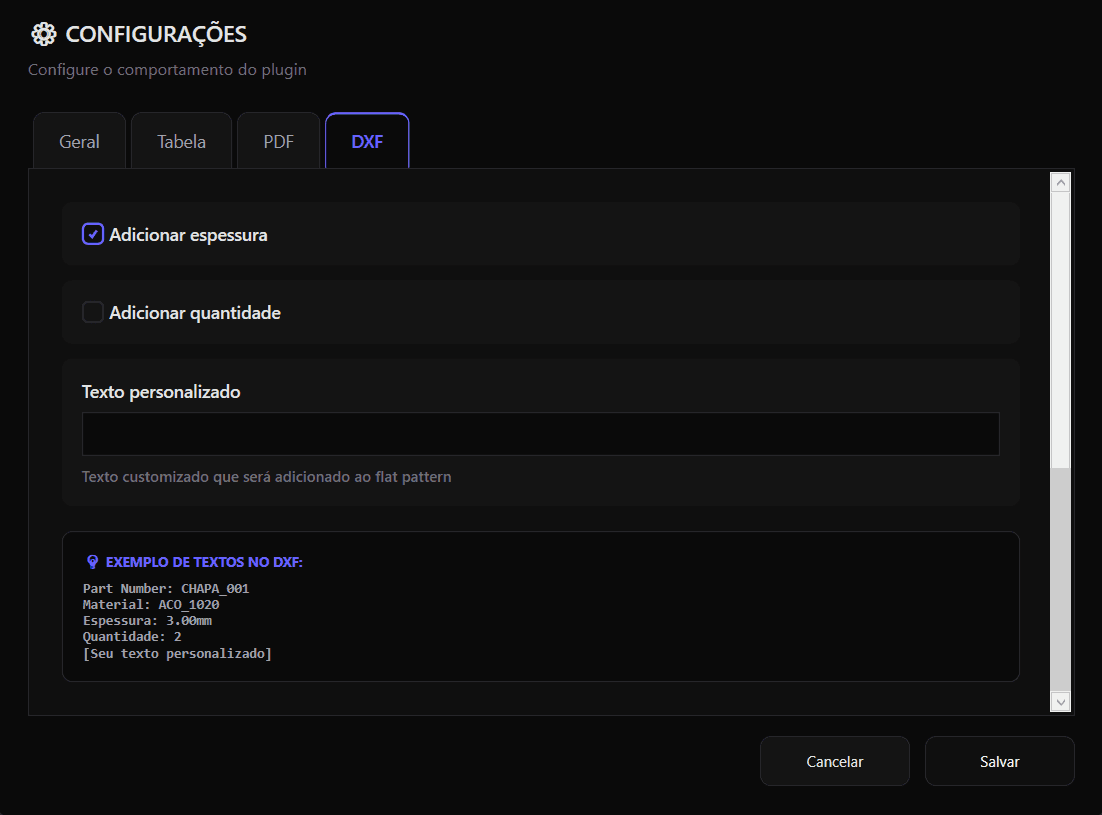 Configuração Avançada de DXF